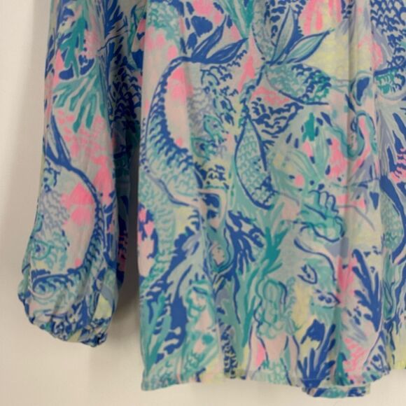 LILLY PULITZER 100% Silk Elsa Mermaids Cove Print Blouse stop Sz XXS Style 41773 - Picture 7 of 8